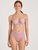 Women model is wearing Spacer bra with wires made of Polyamide in Purple, Lace from the  series by CALIDA, Front view, Outfit