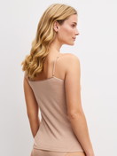 Women model is wearing Wool and silk spaghetti strap top made of Wool in Brown, Unicoloured from the True Confidence series by CALIDA, Back view