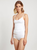 Women model is wearing Spaghetti Top, 2-Pack made of Cotton in White, Unicoloured from the Benefit Women series by CALIDA, Front view, Outfit