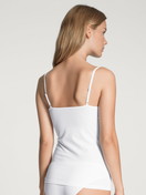 Women model is wearing Spaghetti top made of Cotton in White, Unicoloured from the Natural Comfort series by CALIDA, Back view