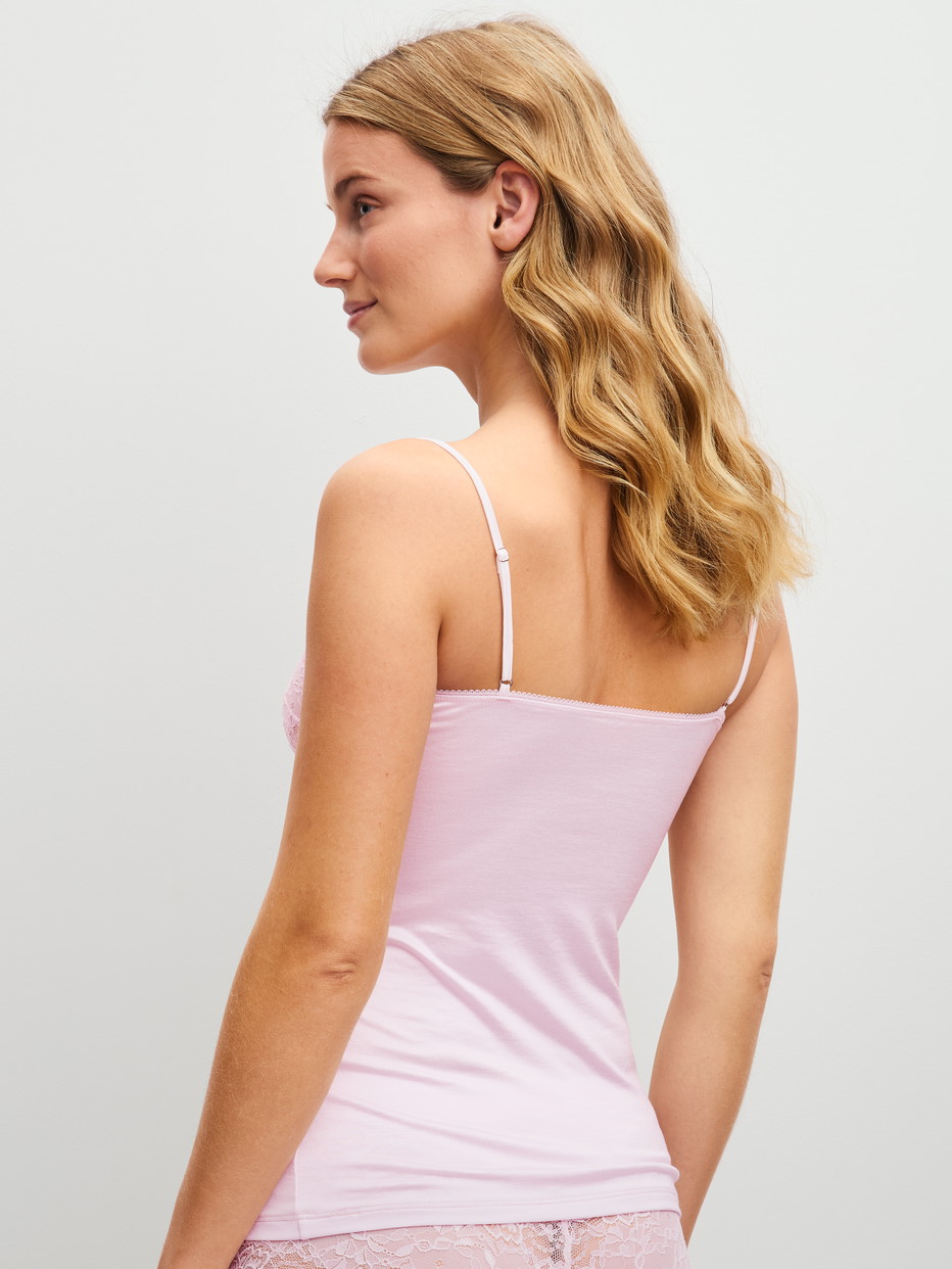 Women model is wearing Spaghetti strap top with lace made of Viscose in Pink, Lace from the Sensual Secrets series by CALIDA, Back view