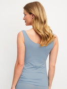 Women model is wearing Tank top made of Swiss+Cotton in Grey, Unicoloured from the Natural Comfort series by CALIDA, Back view