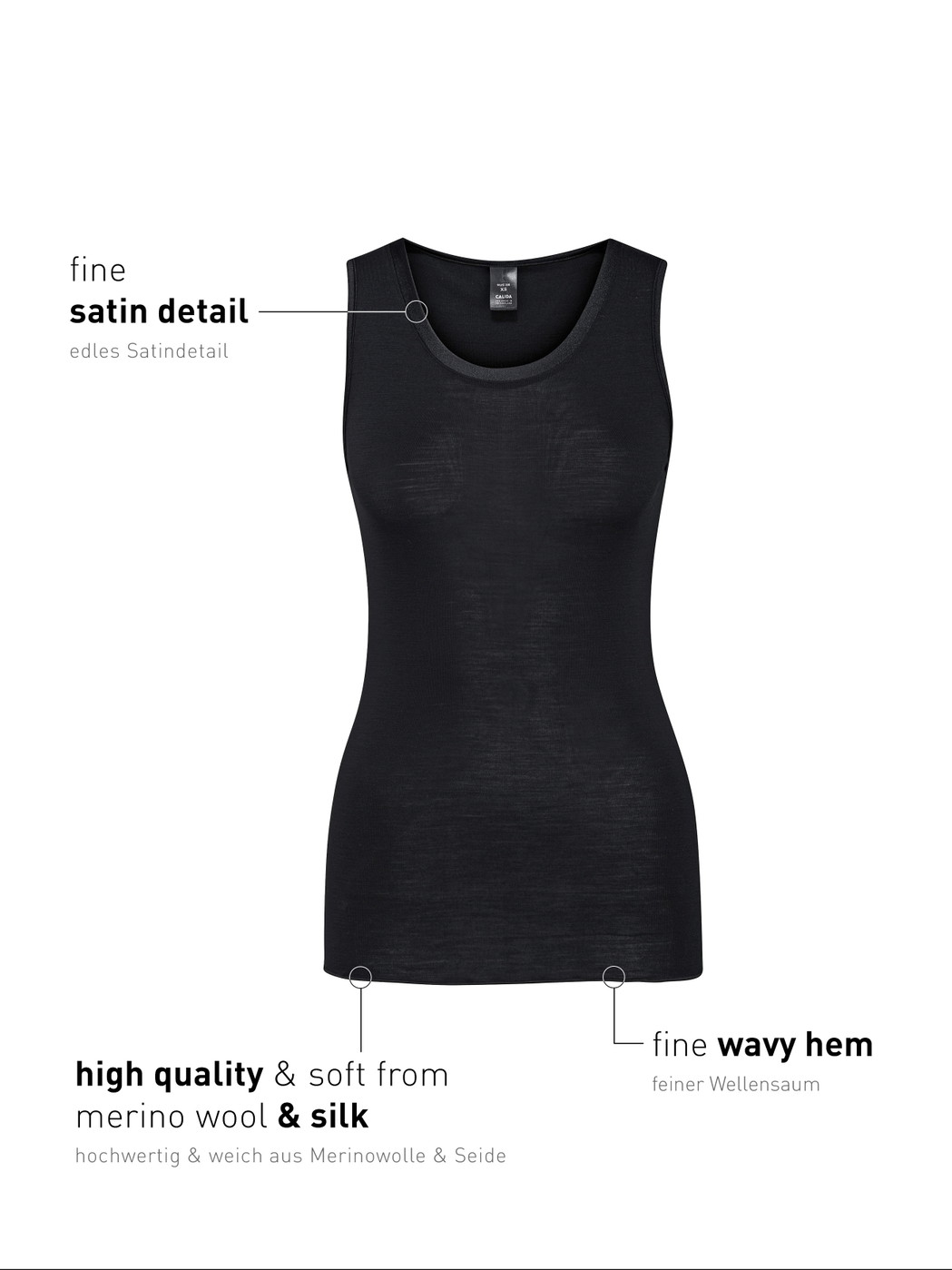 Femme - Débardeur en laine-soie en Swiss+Cotton de couleur Noir, Unicolore, de la série True Confidence de CALIDA