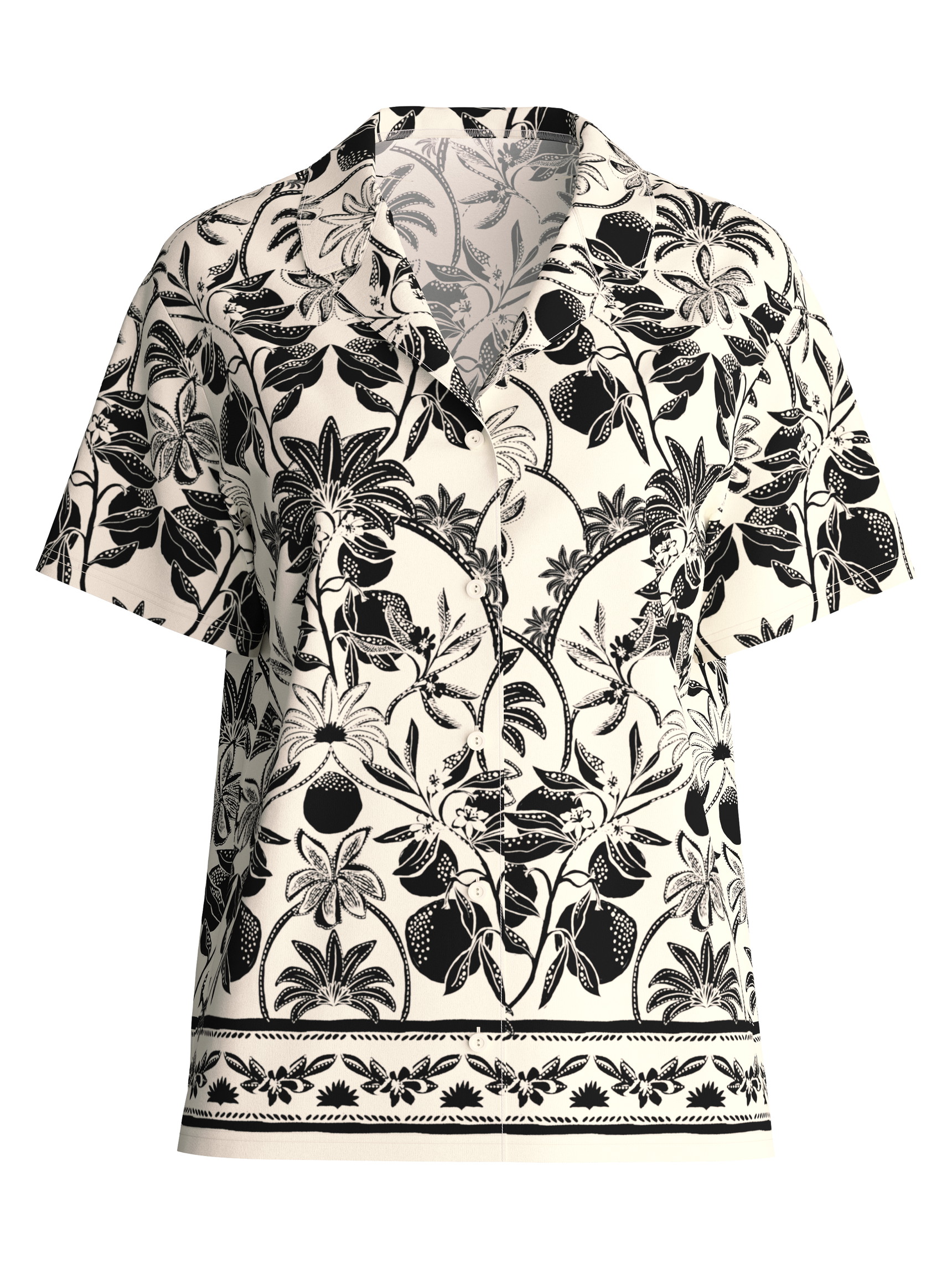 Damen - Kurzarm-Shirt mit Knöpfen aus 100% Baumwolle in Schwarz, Floral aus Serie Favourites Layering von CALIDA