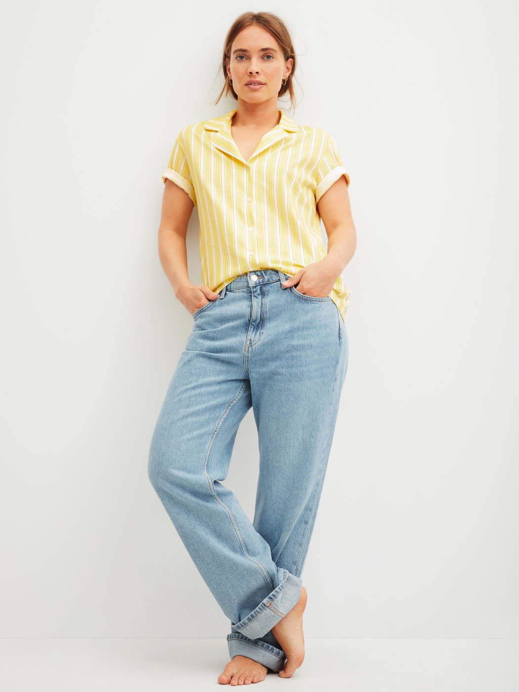 Women model is wearing Short-sleeved shirt with buttons made of 100% Cotton in Yellow, Striped from the Favourites Ocean series by CALIDA, Additional Image