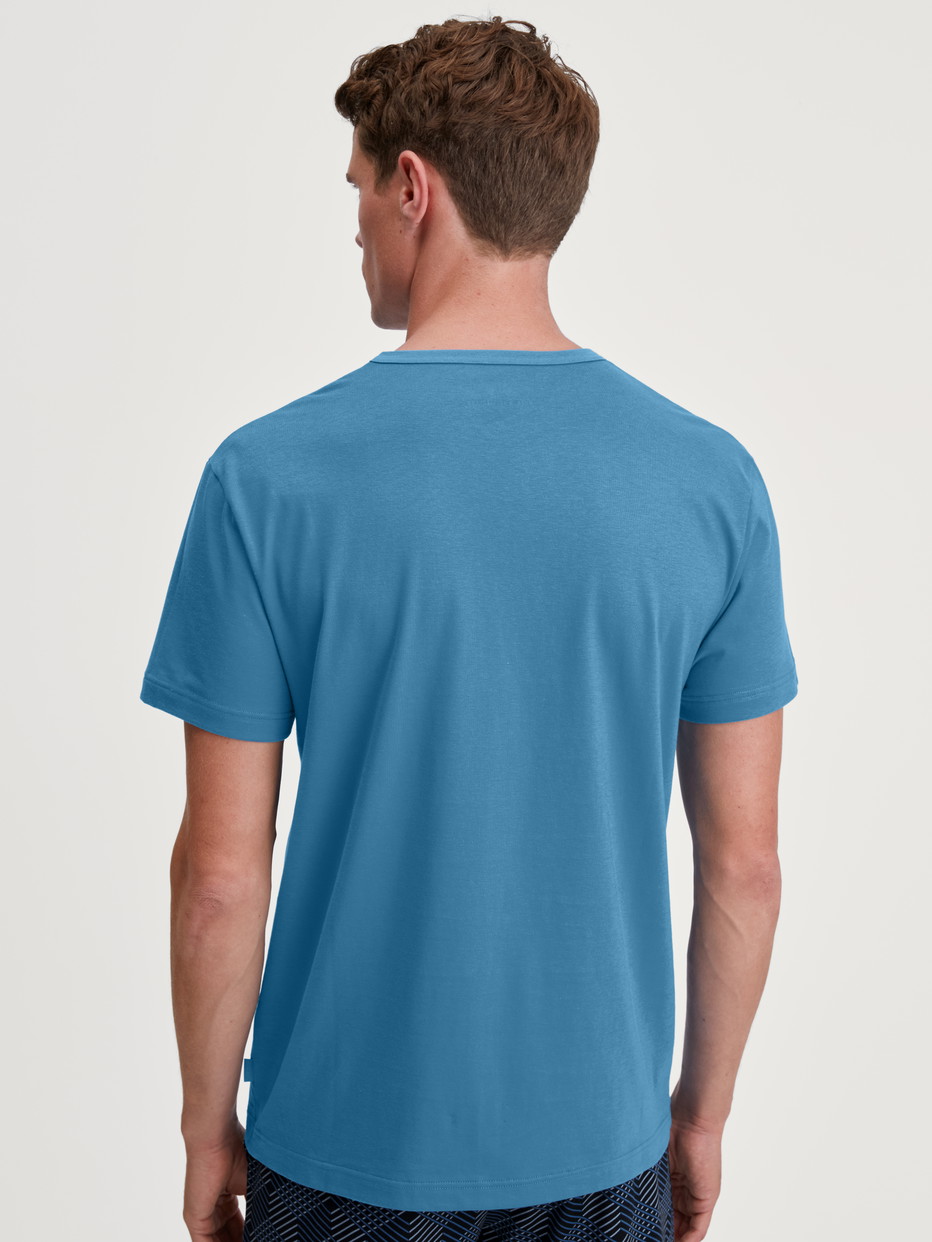 La modella / Il modello Uomo indossa Maglietta a maniche corte in 100% cotone di colore Blu, Tinta unita, della serie RMX Sleep Leisure di CALIDA, Vista posteriore