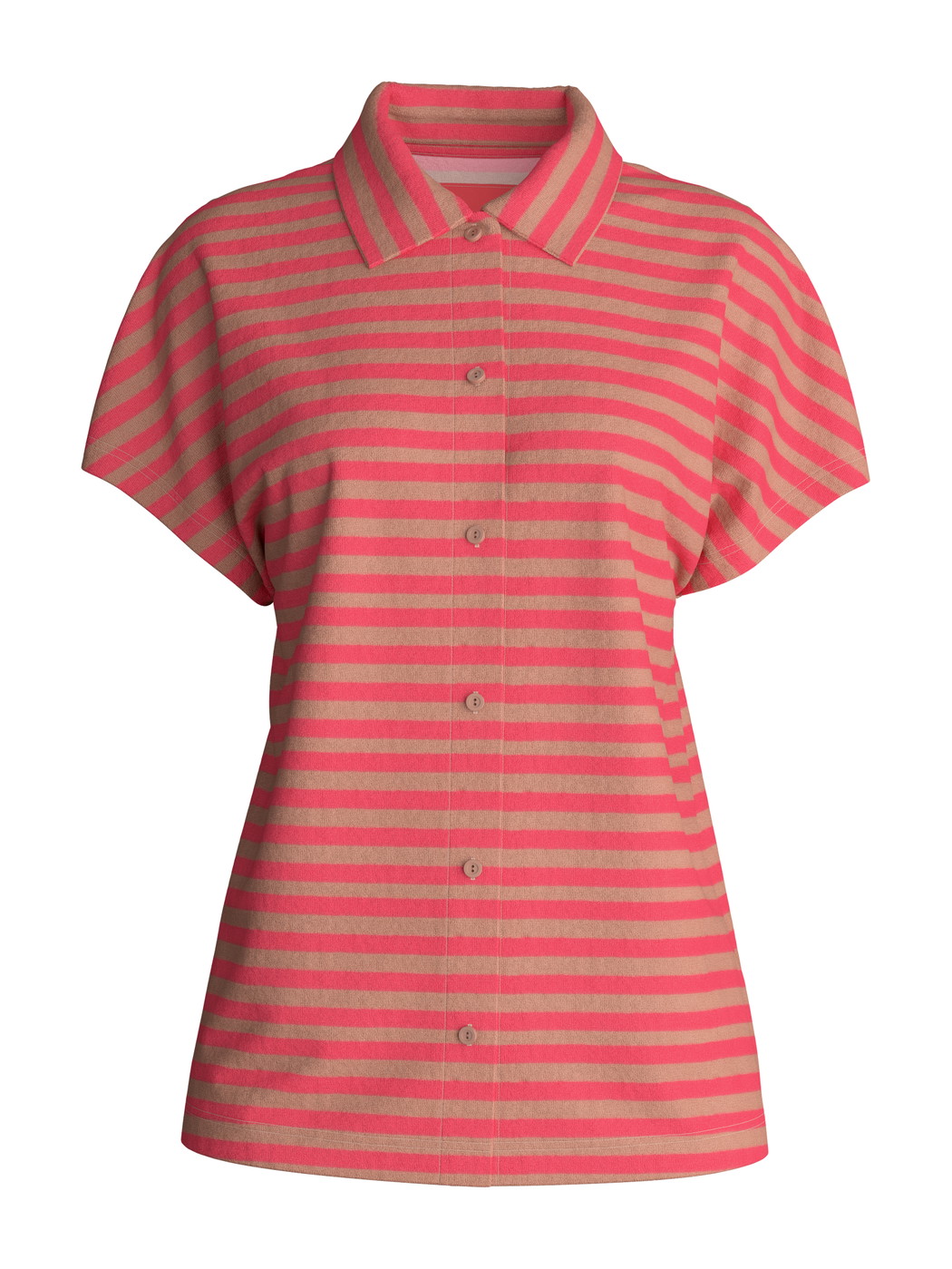 Damen - Kurzarm-Shirt mit Knöpfen aus Terry aus Baumwolle in Braun, Gestreift aus Serie Lounge Stripe von CALIDA