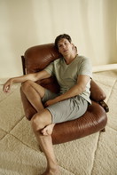 Men model is wearing Short-sleeved shirt made of 100% Cotton in Green, Unicoloured from the RMX Sleep Leisure series by CALIDA, Additional Image