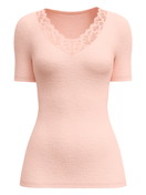 Femme - T-shirt manches courtes en laine et soie en Laine de couleur Rose, Dentelle, de la série Silky Wool Joy de CALIDA