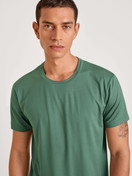Herren-Model trägt Kurzarm-Shirt aus Modal in Grün, Einfarbig aus Serie DSW Balancing von CALIDA, Detail
