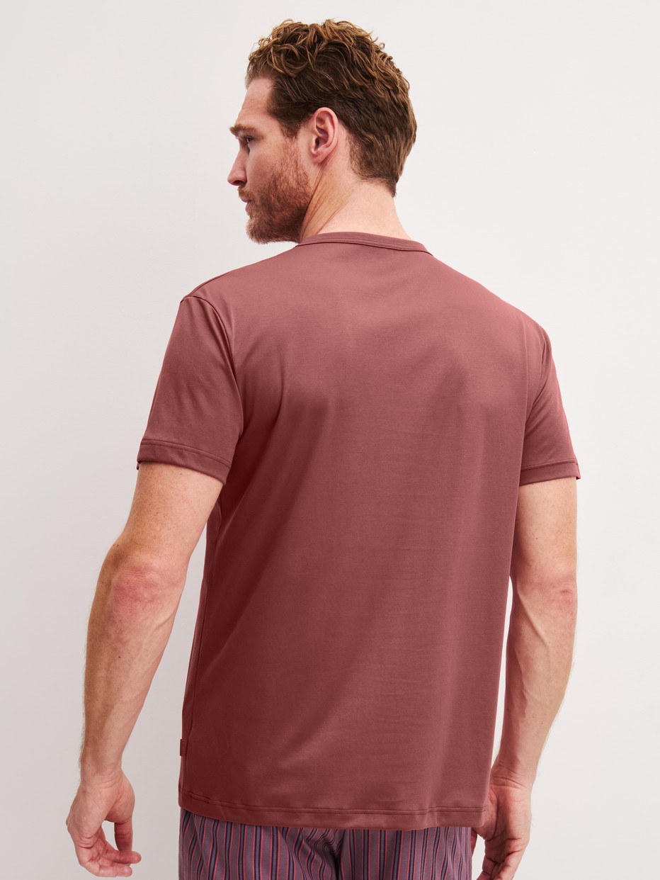 Herren-Model trägt Kurzarm-Shirt aus Baumwolle in Orange, Einfarbig aus Serie RMX Sleep Superlight von CALIDA, Rückansicht
