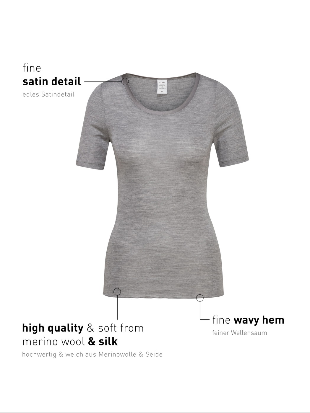 Femme - T-Shirt à manches courtes en Laine de couleur Gris, Unicolore, de la série True Confidence de CALIDA