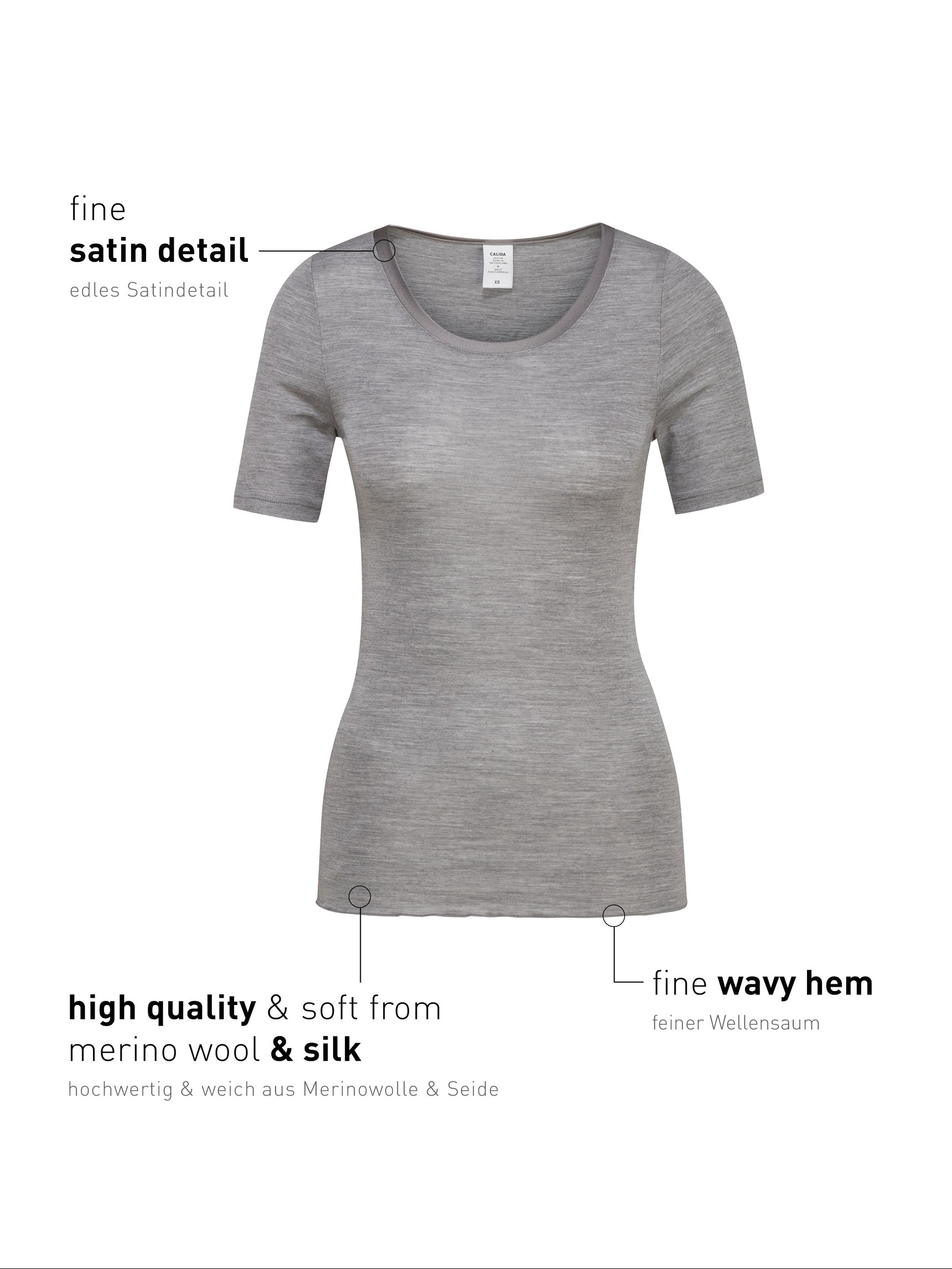 Donna - Shirt a manica corta in Lana di colore Grigio, Tinta unita, della serie True Confidence di CALIDA