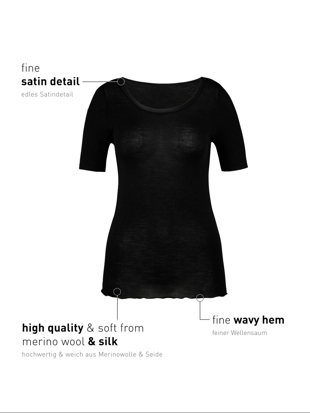 Femme - T-Shirt à manches courtes en Laine de couleur Noir, Unicolore, de la série True Confidence de CALIDA
