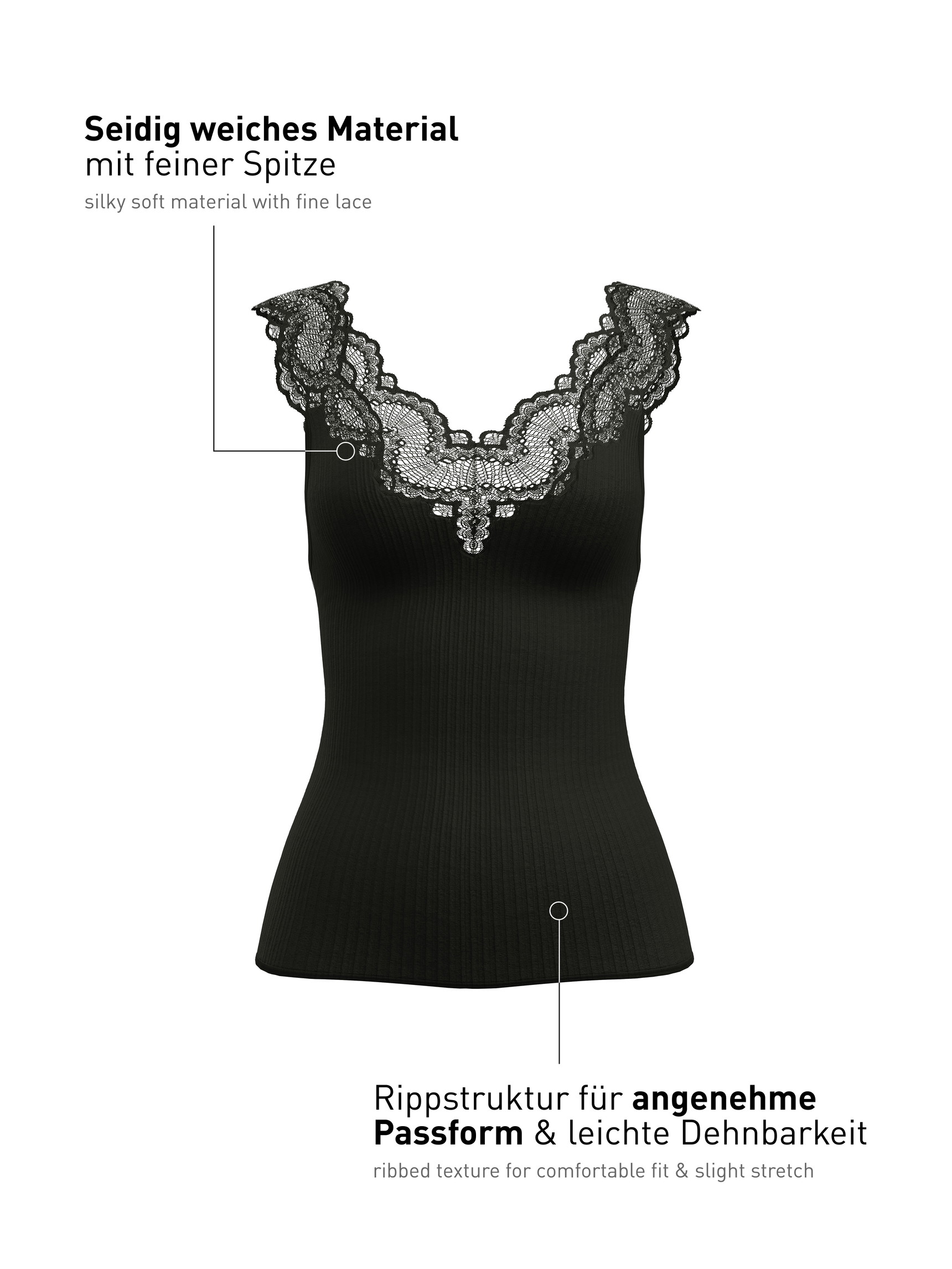 Damen - Tank-Top aus TENCEL™ Modal aus Modal in Schwarz, Spitze aus Serie Feminine Lounge von CALIDA