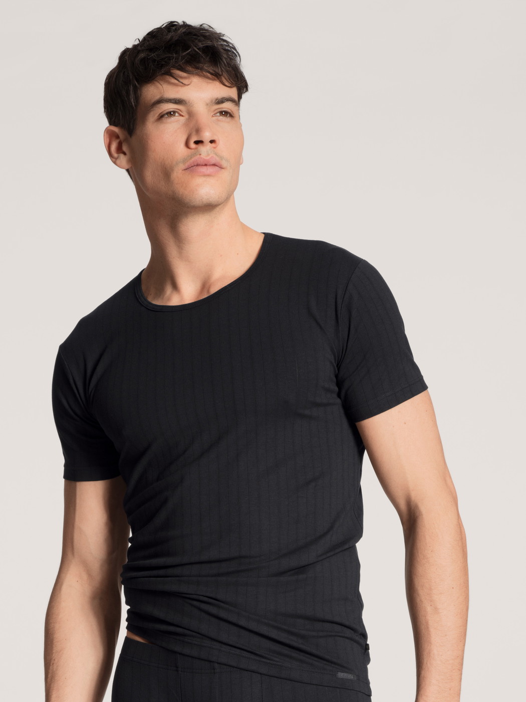 Herren-Model trägt T-Shirt, Rundhals aus Baumwolle in Schwarz, Einfarbig aus Serie Pure & Style von CALIDA, Vorderansicht