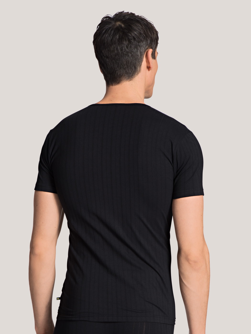 Herren-Model trägt T-Shirt, Rundhals aus Baumwolle in Schwarz, Einfarbig aus Serie Pure & Style von CALIDA, Rückansicht