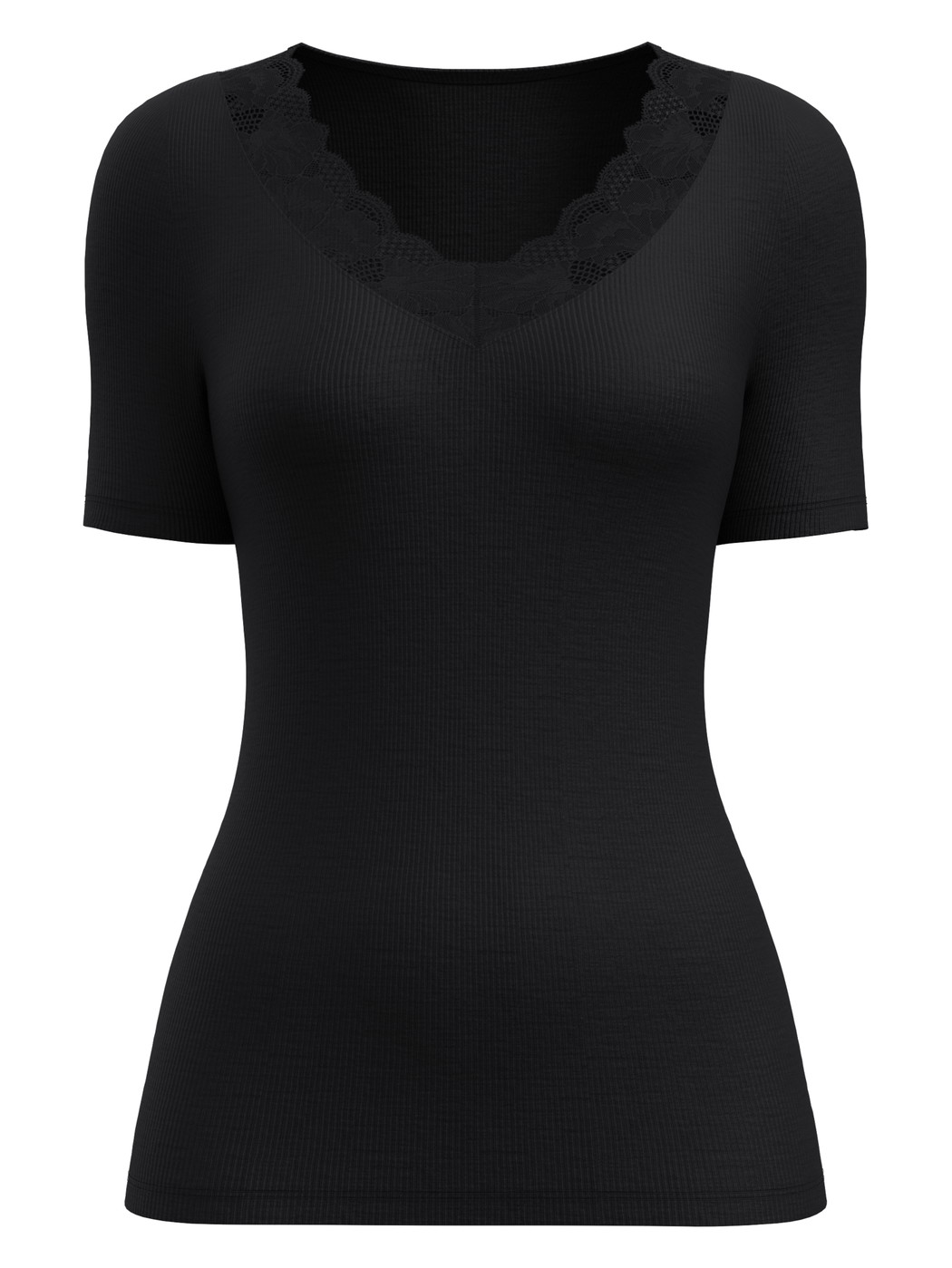 Femme - T-shirt manches courtes en laine et soie en Dentelle de couleur Noir, Dentelle, de la série Silky Wool Glam de CALIDA