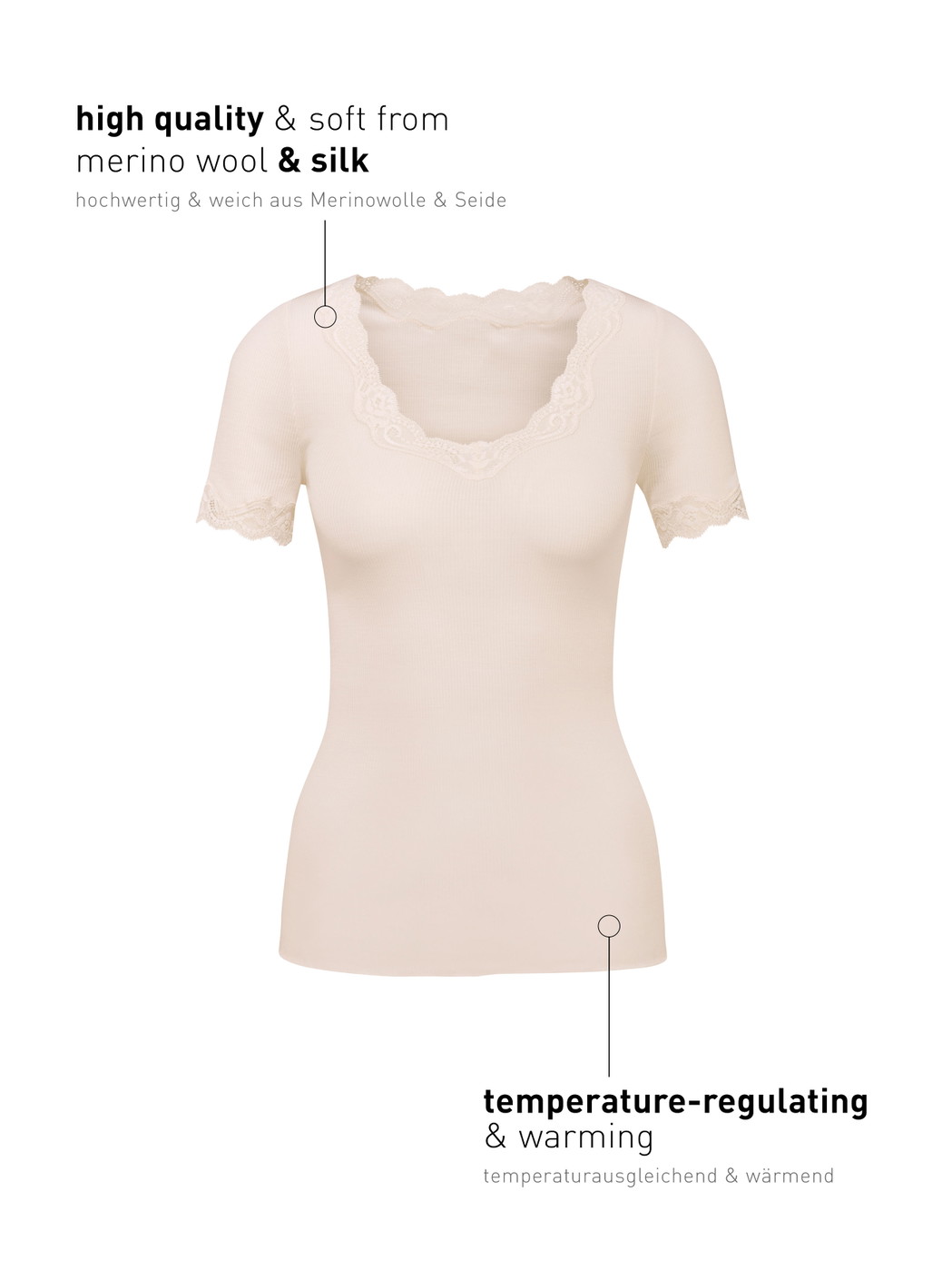 Damen - Kurzarm-Shirt aus Wolle in Weiß, Spitze aus Serie Richesse Lace von CALIDA