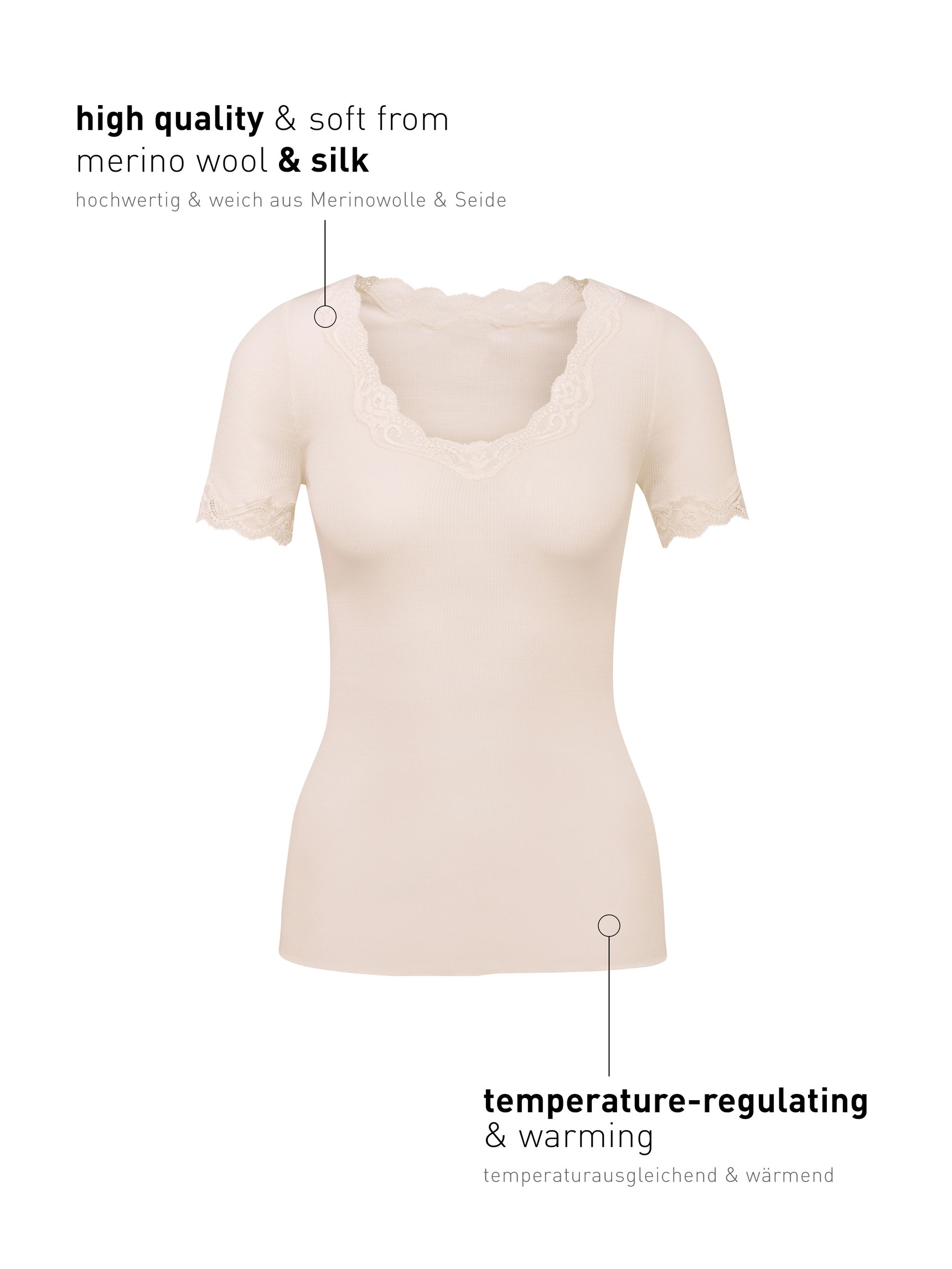 Damen - Kurzarm-Shirt aus Wolle in Weiß, Spitze aus Serie Richesse Lace von CALIDA