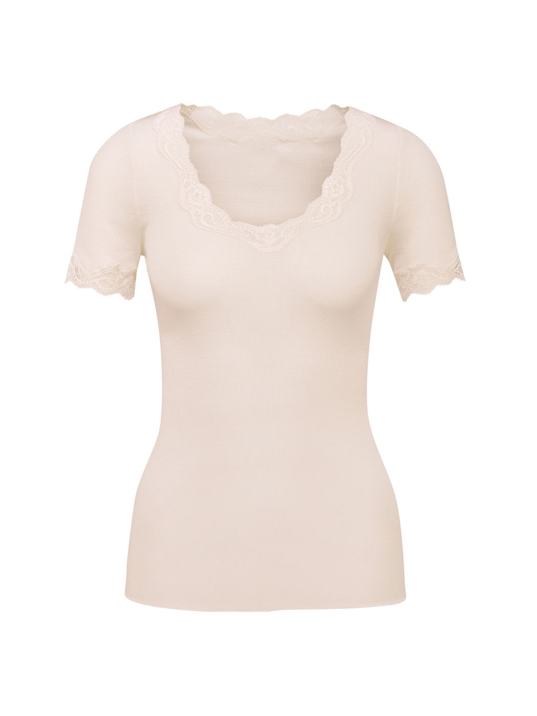 Damen - Kurzarm-Shirt aus Wolle in Weiß, Spitze aus Serie Richesse Lace von CALIDA