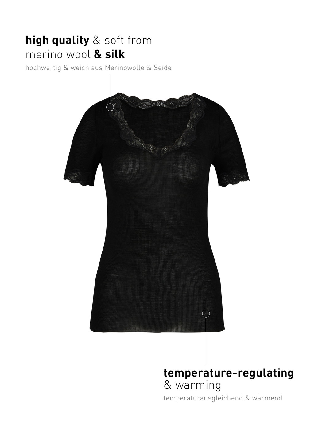 Femme - T-Shirt à manches courtes en Laine de couleur Noir, Dentelle, de la série Richesse Lace de CALIDA