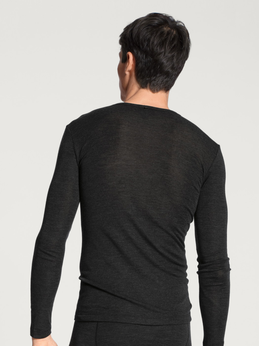 Herren-Model trägt Langarm-Shirt aus Wolle und Seide aus Wolle in Grau, Einfarbig aus Serie Wool & Silk von CALIDA, Rückansicht