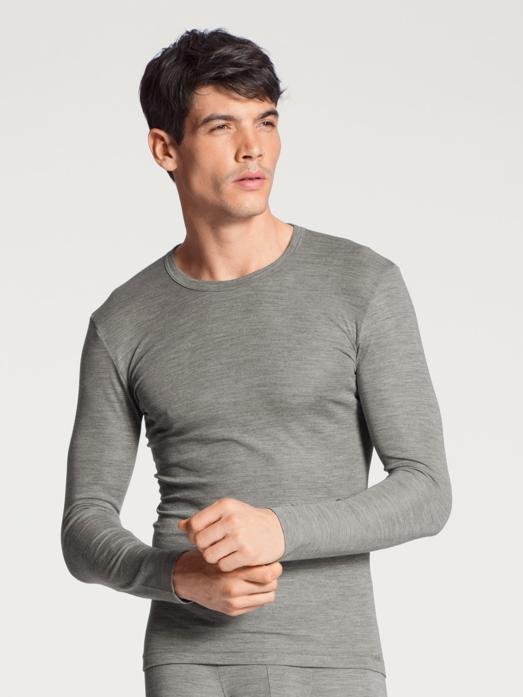 Herren-Model trägt Langarm-Shirt aus Wolle und Seide aus Wolle in Grau, Einfarbig aus Serie Wool & Silk von CALIDA, Vorderansicht