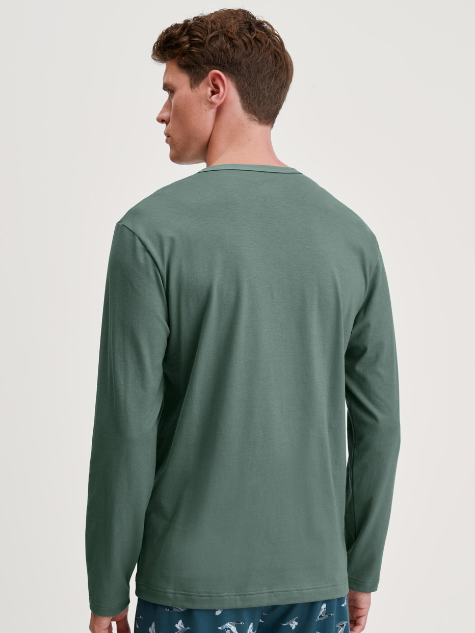 La modella / Il modello Uomo indossa Shirt a manica lunga in 100% cotone di colore Verde, Tinta unita, della serie RMX Sleep Weekend di CALIDA, Vista posteriore