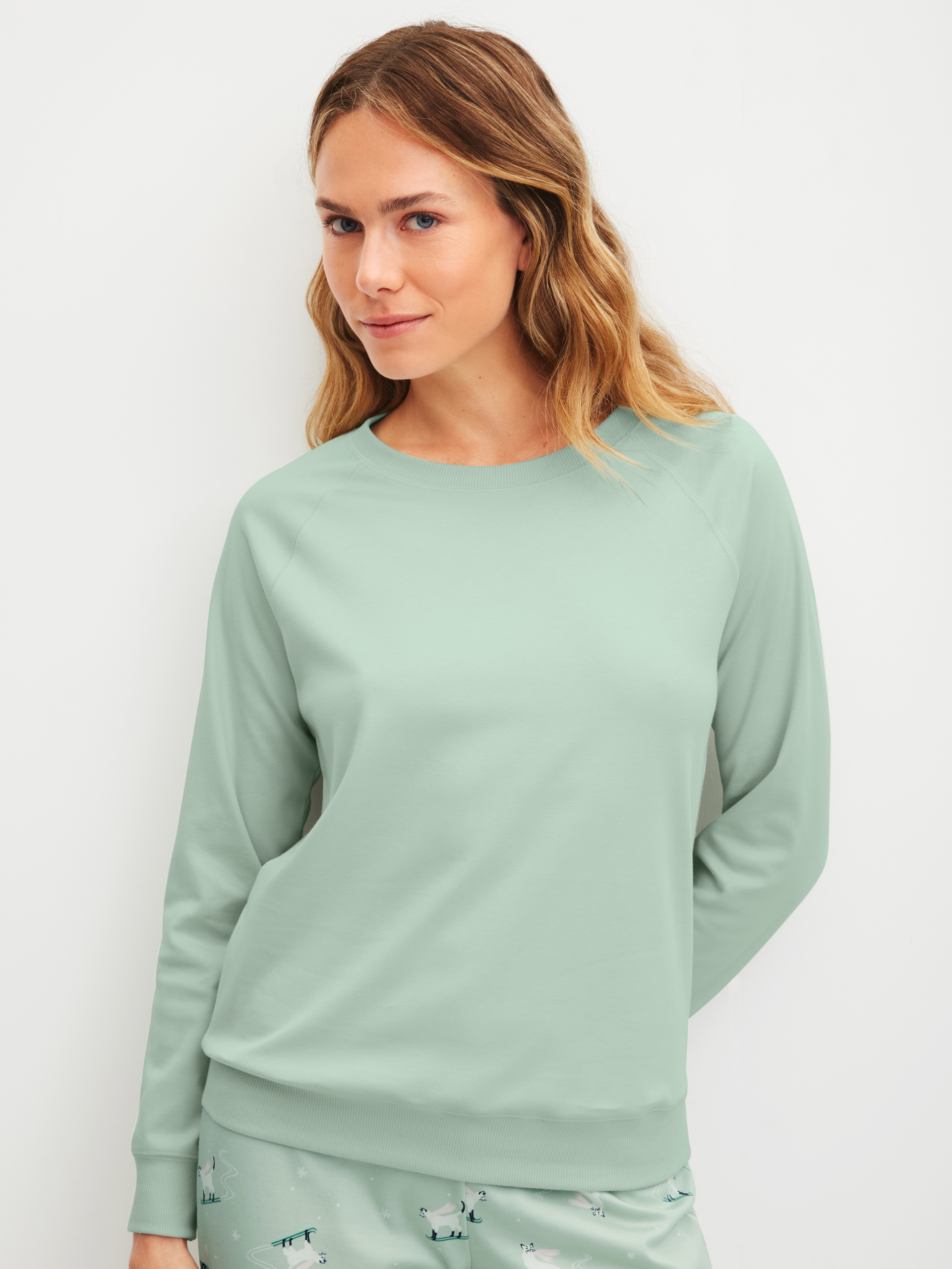 Women model is wearing Shirt long sleeve made of 100% Cotton in Blue, Unicoloured from the Favourites Cats series by CALIDA, Front view
