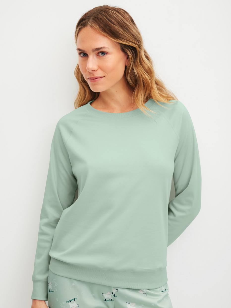 Damen-Model trägt Langarm-Shirt aus 100% Baumwolle in Blau, Einfarbig aus Serie Favourites Cats von CALIDA, Vorderansicht