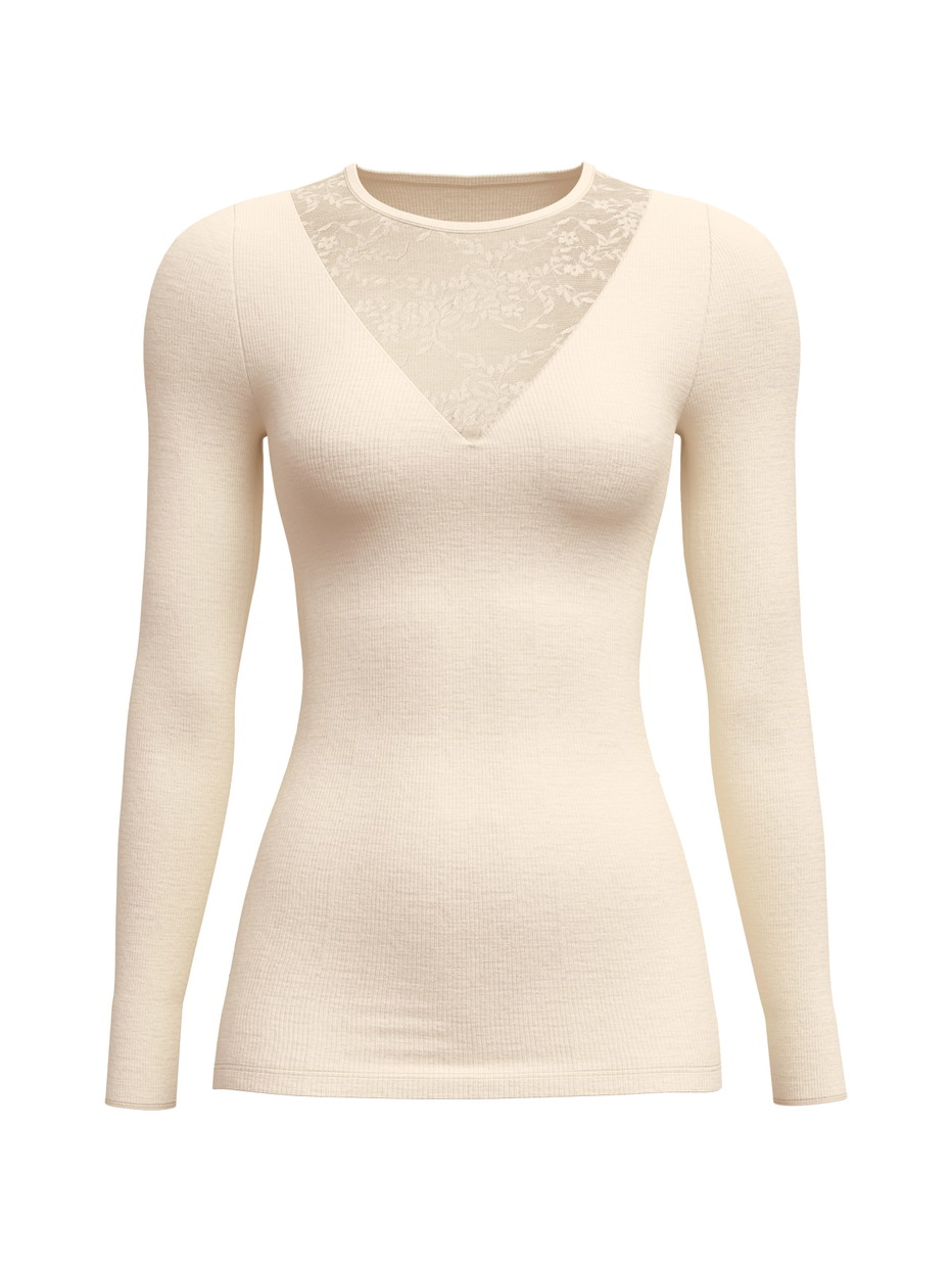 Donna - Maglia a manica lunga in lana e seta in Lana di colore Beige, Tinta unita, della serie Silky Wool Glam di CALIDA