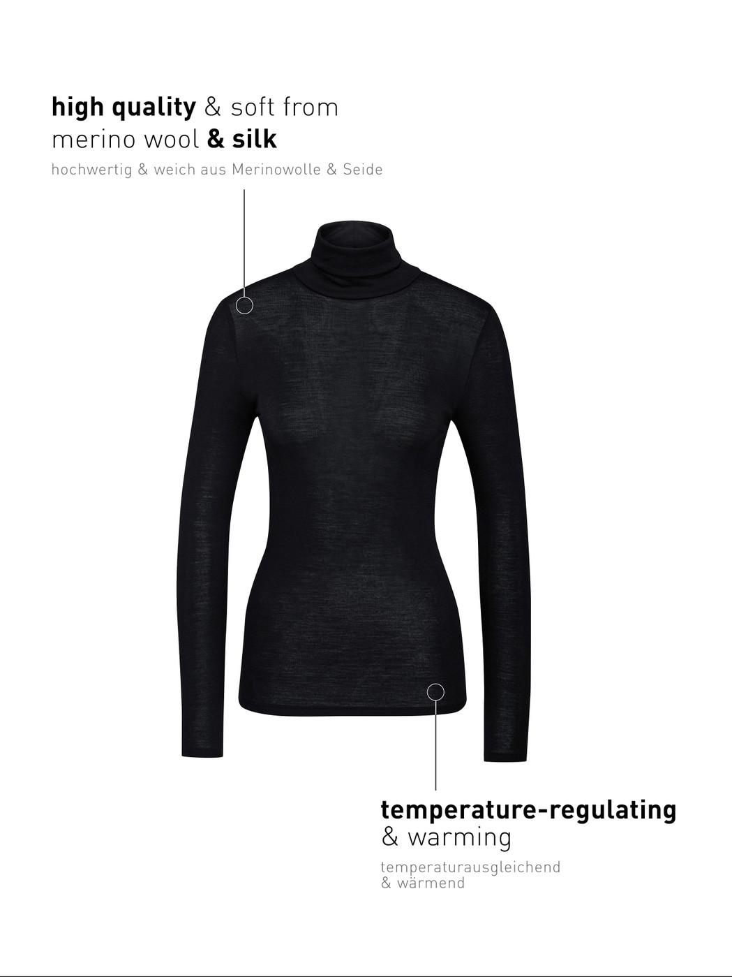Femme - T-shirt à manches longues à col roulé en laine et soie en Laine de couleur Noir, Unicolore, de la série True Confidence de CALIDA