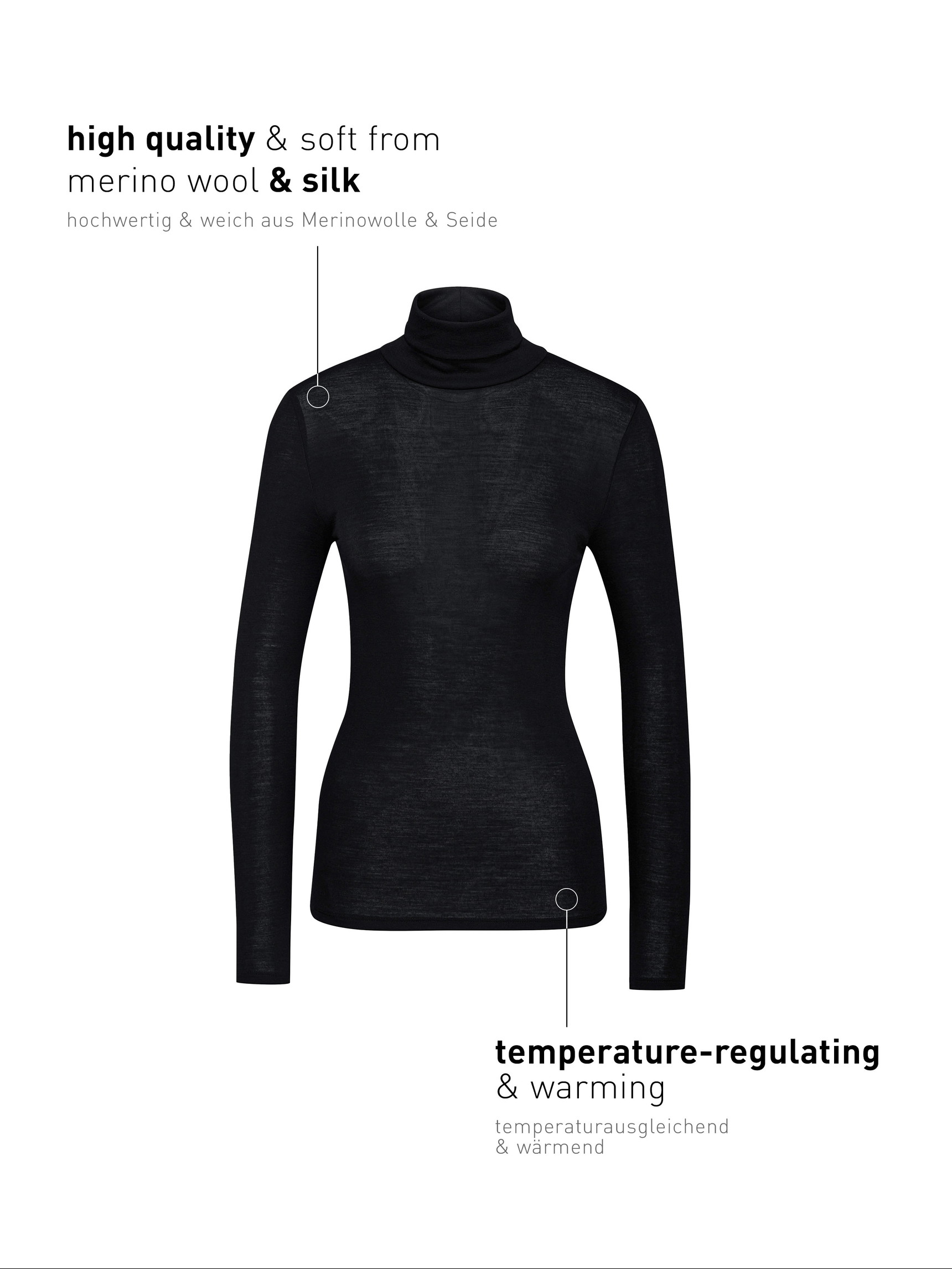 Donna - Maglia a maniche lunghe dolcevita in lana-seta in Swiss+Cotton di colore Nero, Tinta unita, della serie True Confidence di CALIDA