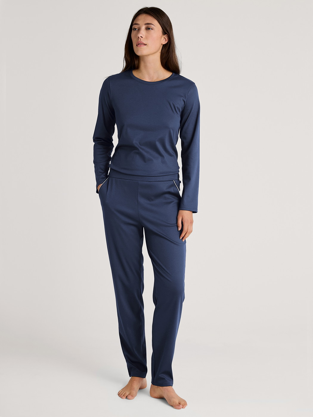 Women model is wearing Shirt long sleeve made of 100% Cotton in Blue, Floral from the Favourites Sleep series by CALIDA, Additional Image