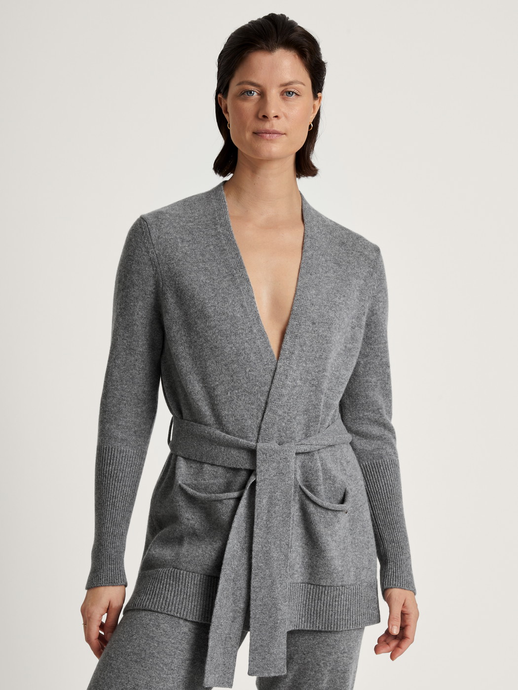 Women model is wearing Cardigan made of merino wool made of Wool in Grey, Unicoloured from the The Cosy Collection series by CALIDA, Additional Image