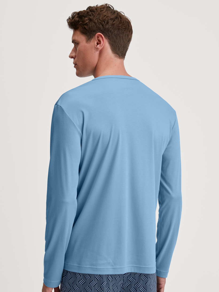 Herren-Model trägt Langarm-Shirt aus Baumwolle in Blau, Einfarbig aus Serie RMX Sleep Free von CALIDA, Rückansicht