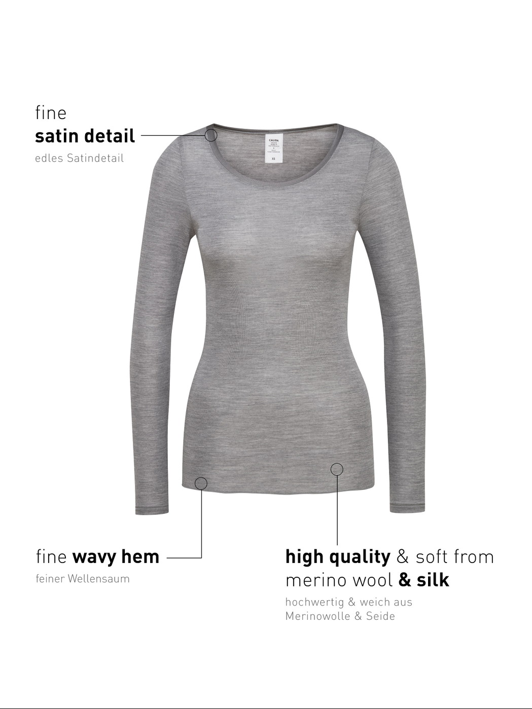 Women - Shirt long sleeve made of Wool in Grey, Unicoloured, from the True Confidence series by CALIDA