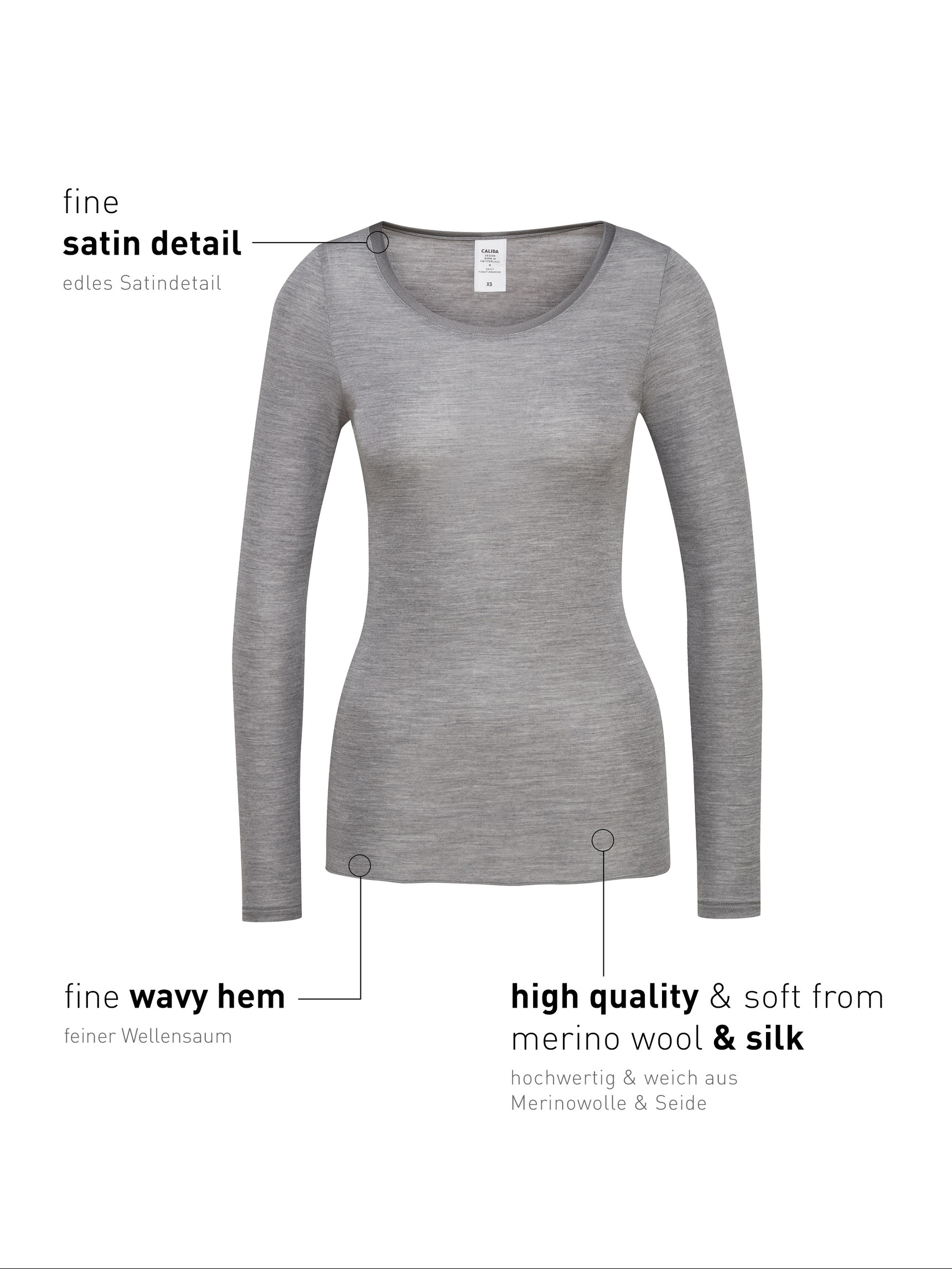 Women - Shirt long sleeve made of Wool in Grey, Unicoloured, from the True Confidence series by CALIDA