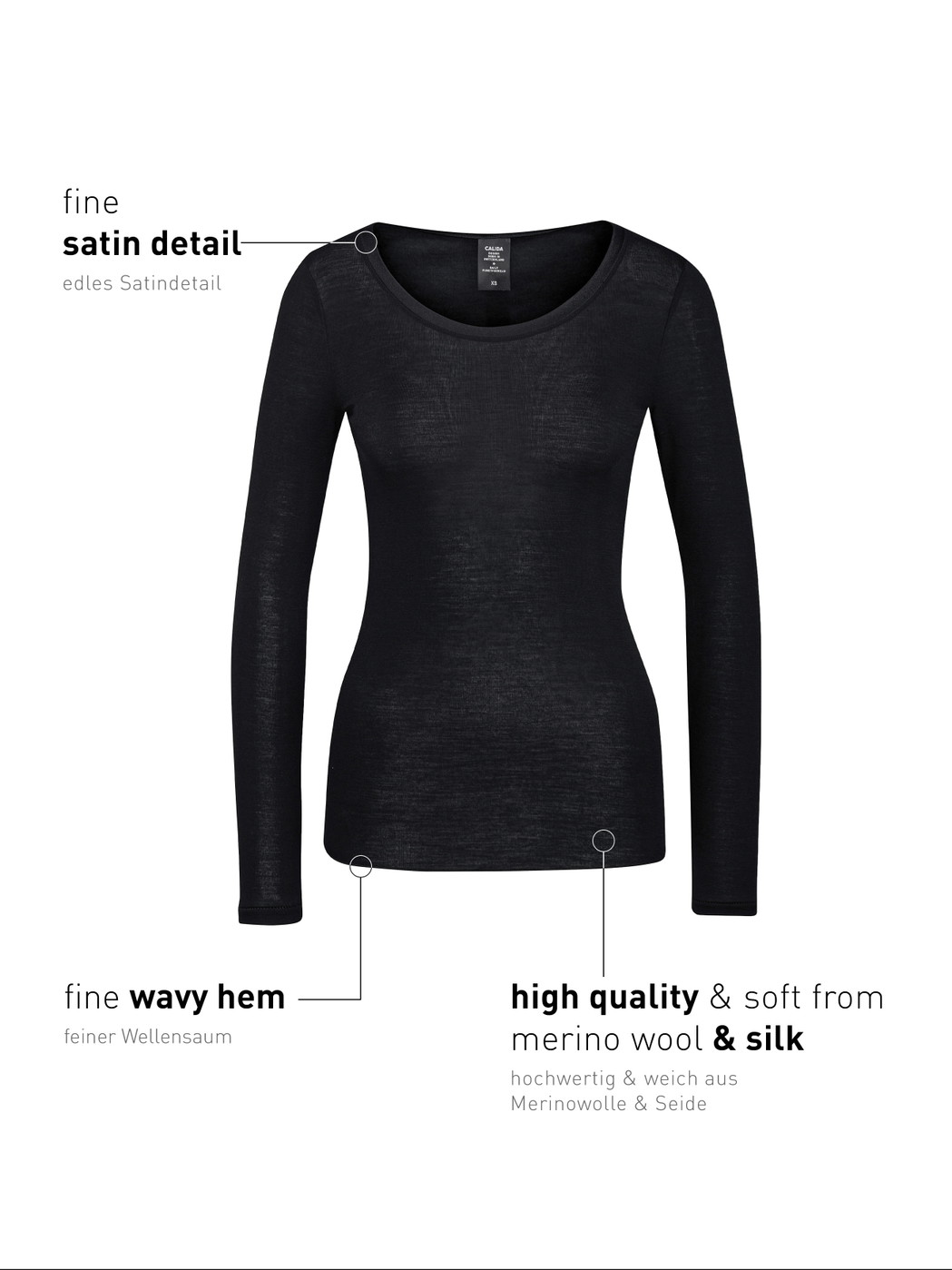 Femme - T-shirt à manches longues en Laine de couleur Noir, Unicolore, de la série True Confidence de CALIDA