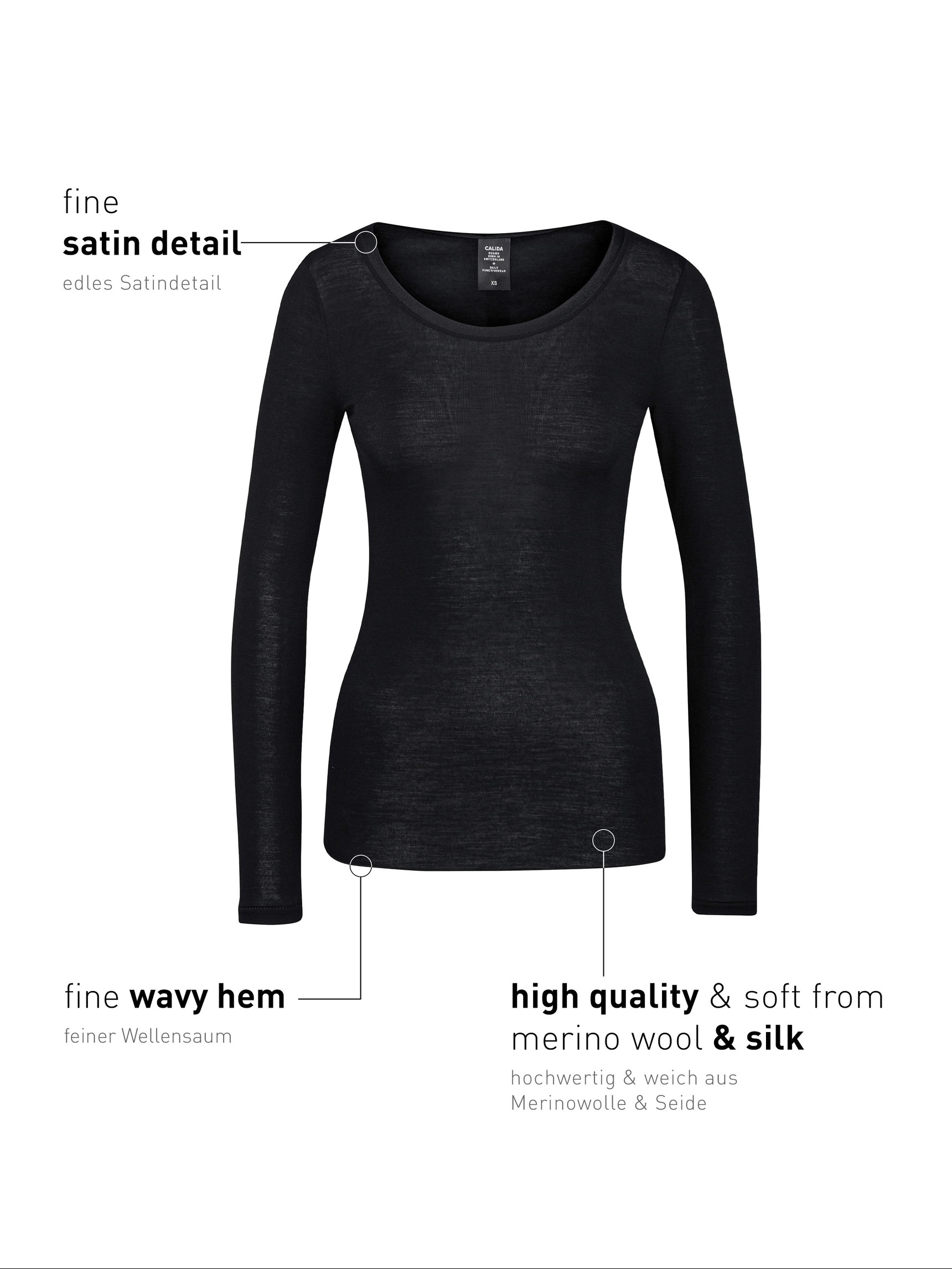 Women - Shirt long sleeve made of Wool in Black, Unicoloured, from the True Confidence series by CALIDA
