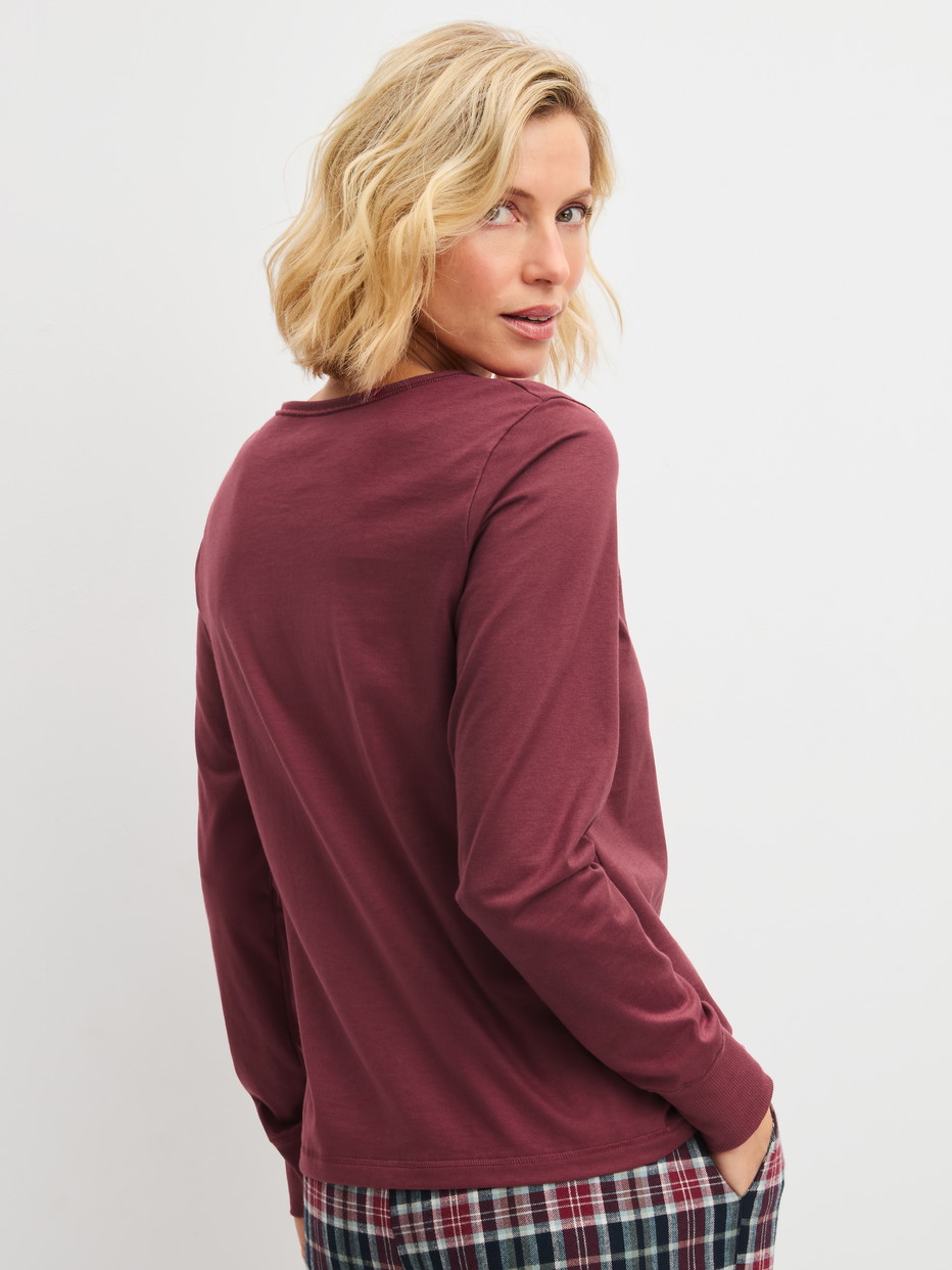 Women model is wearing  made of 100% Cotton in Red, Unicoloured from the PJ Party M&M series by CALIDA, Back view