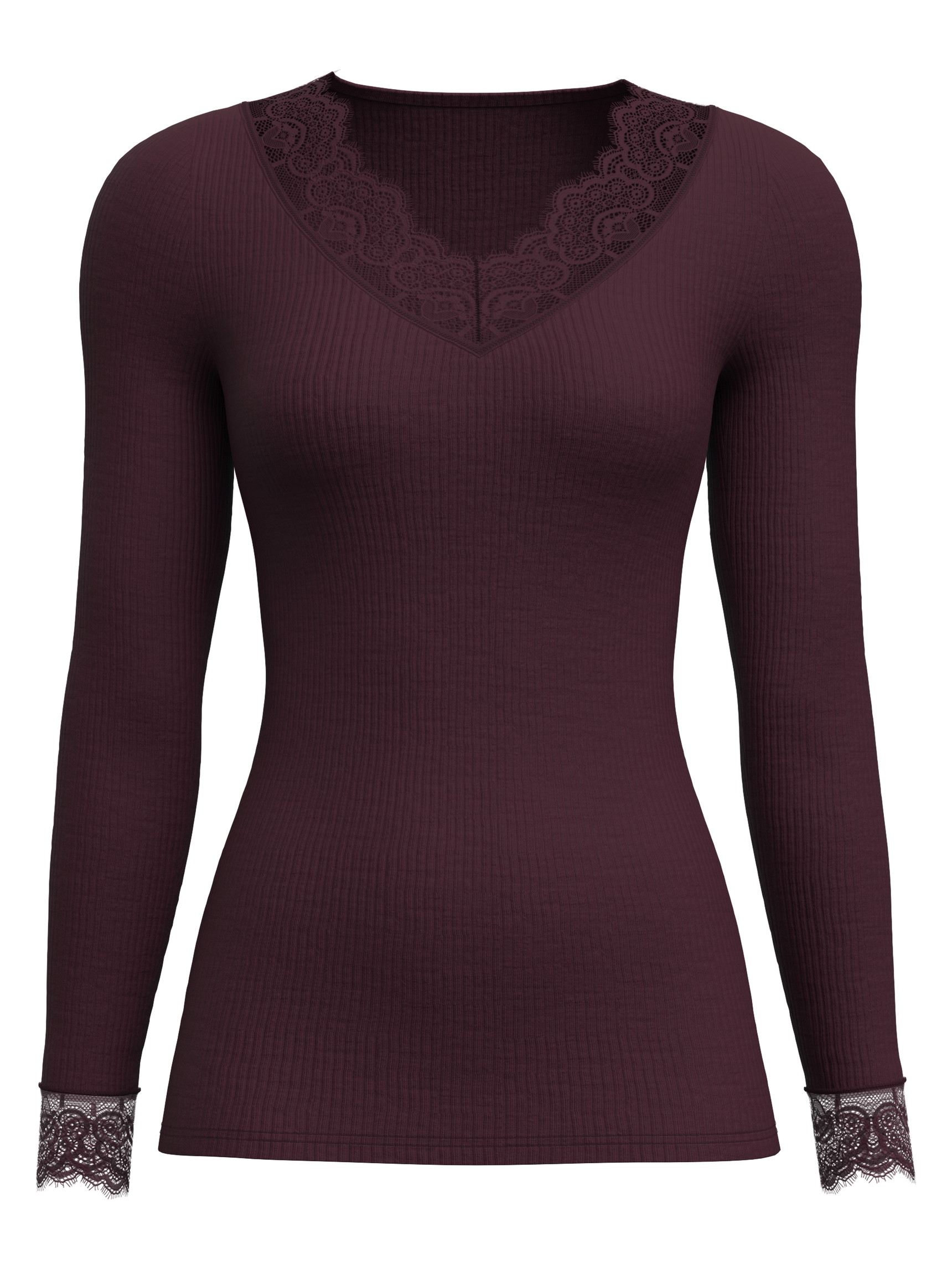 Damen - Langarm-Shirt aus Wolle-Seide aus Wolle in Rot, Spitze aus Serie Silky Wool Joy von CALIDA