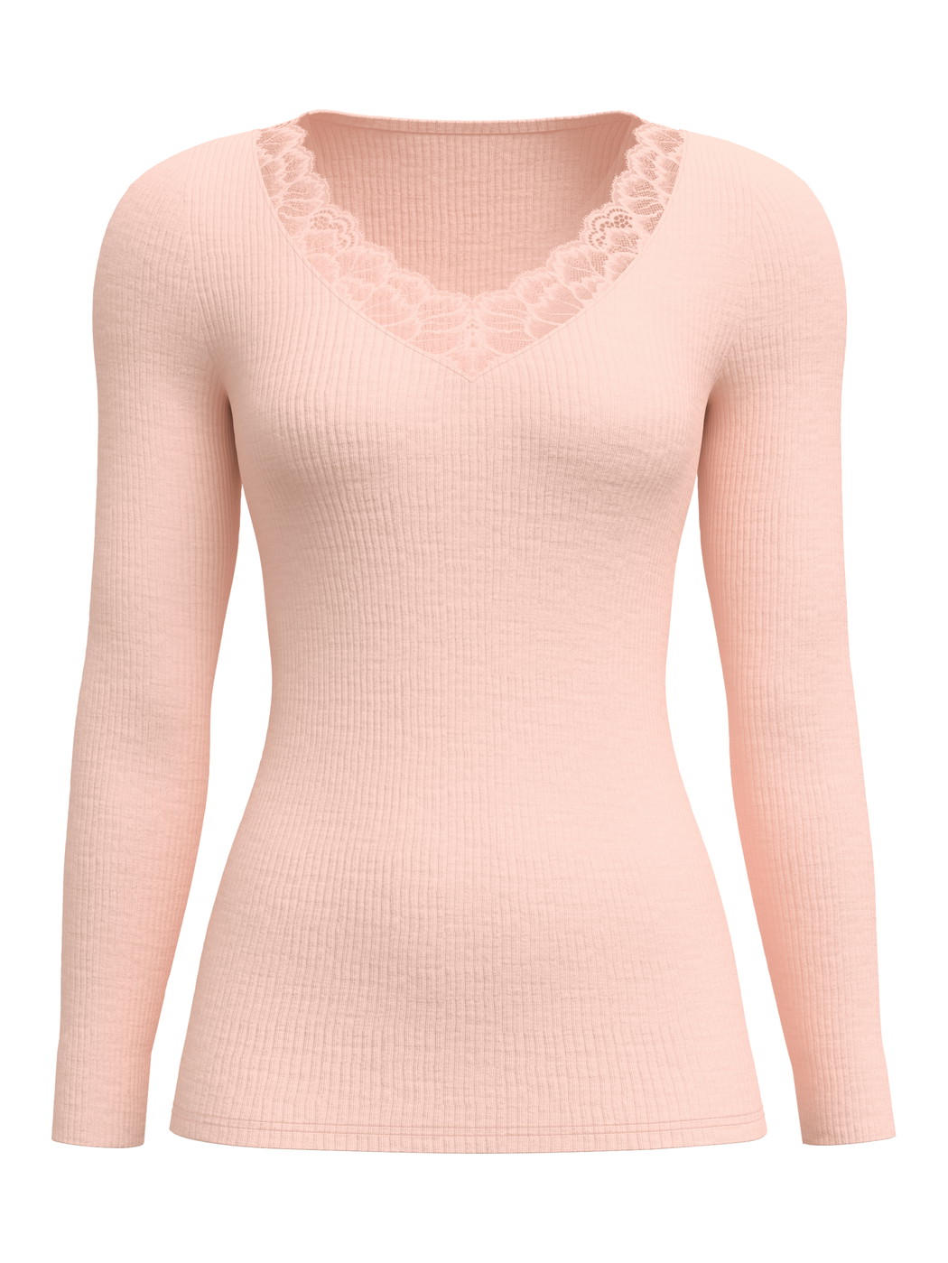 Femme - T-shirt à manches longues en laine et soie en Laine de couleur Rose, Dentelle, de la série Silky Wool Joy de CALIDA