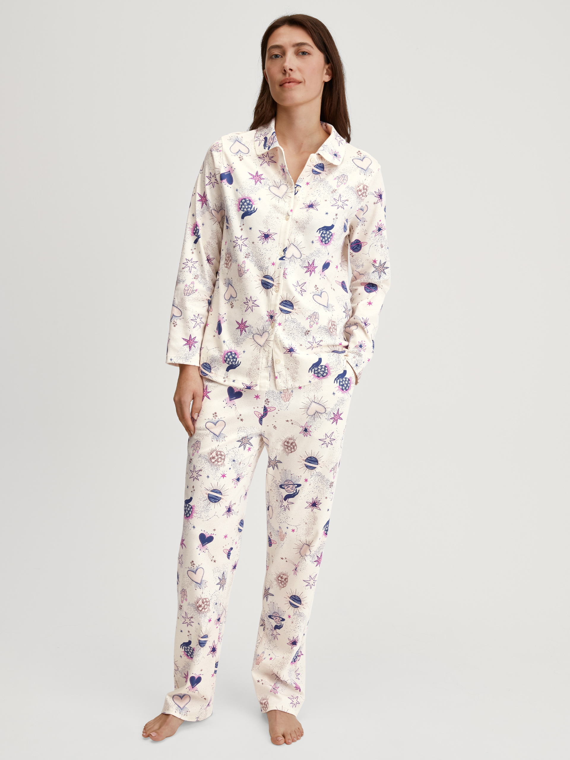 Women model is wearing Long Sleeve Shirt with Buttons made of 100% Cotton in Beige, Patterned from the Favourites Universe series by CALIDA, Outfit