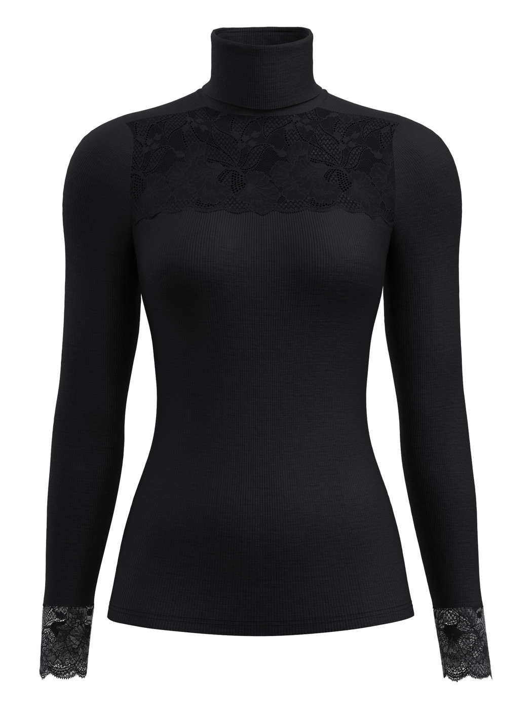 Donna - Maglia a maniche lunghe dolcevita in lana-seta in Pizzo di colore Nero, Pizzo, della serie Silky Wool Glam di CALIDA