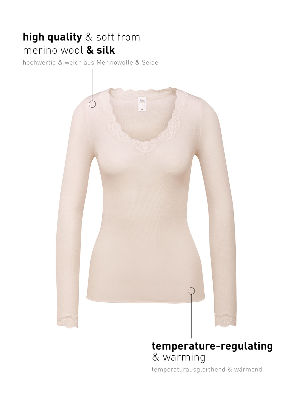 Femme - T-shirt à manches longues en Laine de couleur Blanc, Dentelle, de la série Richesse Lace de CALIDA