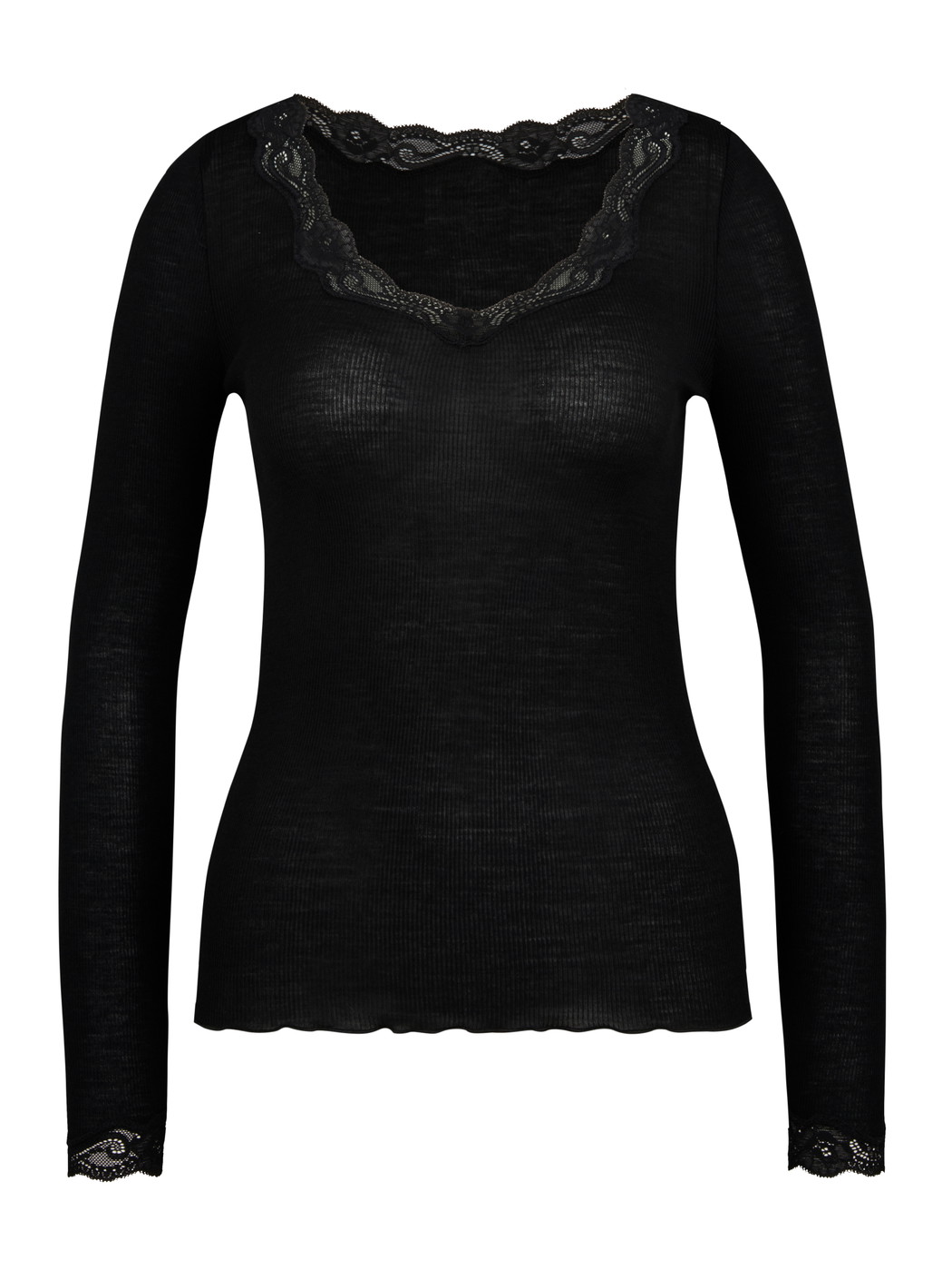 Damen - Langarm-Shirt aus Wolle & Seide aus Wolle in Schwarz, Spitze aus Serie Richesse Lace von CALIDA