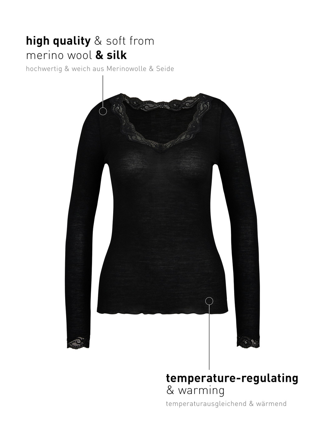 Damen - Langarm-Shirt aus Wolle & Seide aus Wolle in Schwarz, Spitze aus Serie Richesse Lace von CALIDA