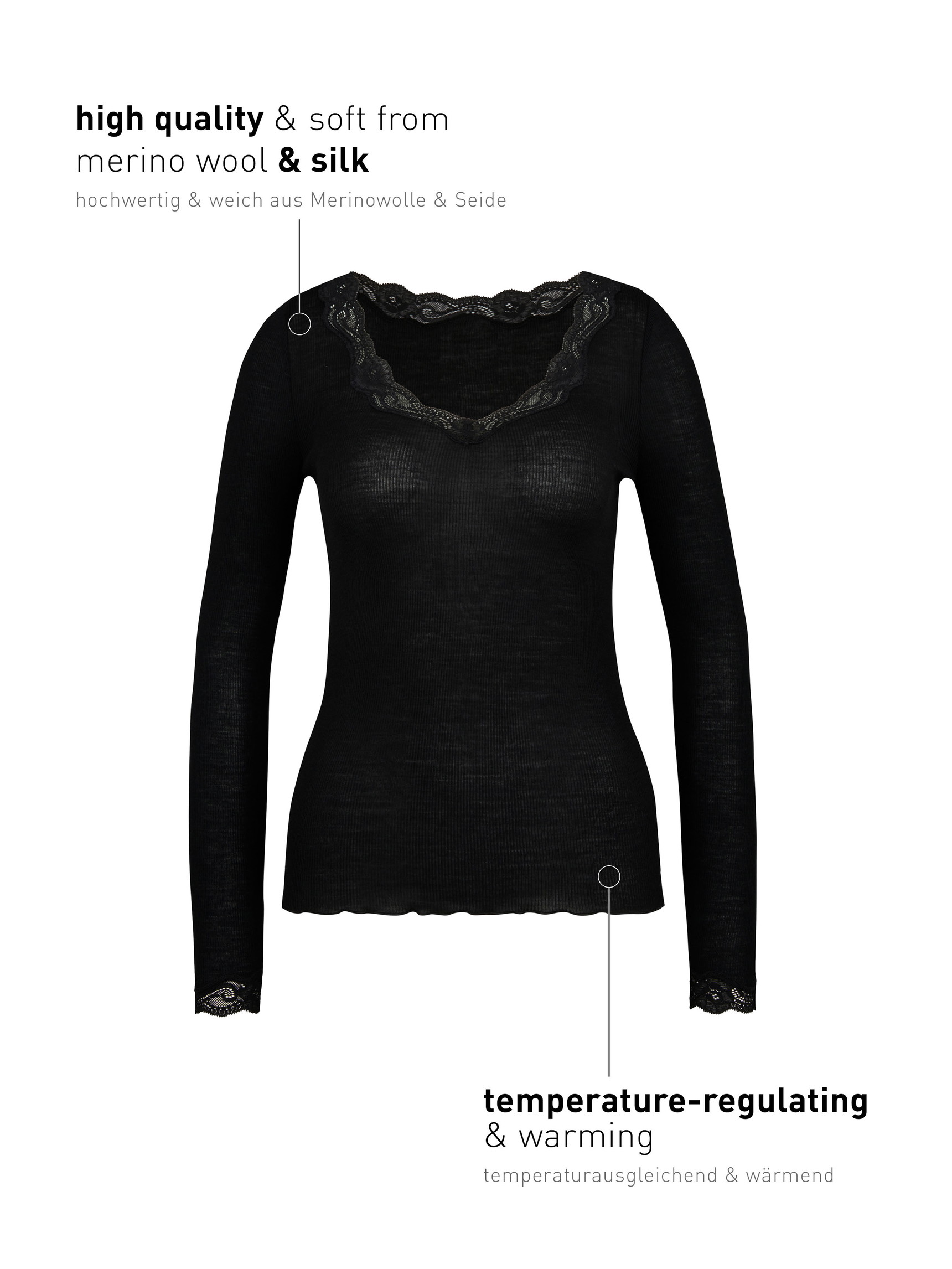 Women - Shirt long sleeve made of Wool in Black, Lace, from the Richesse Lace series by CALIDA